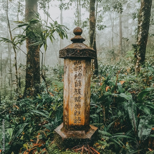 Iconic stone monument with weathered Chinese characters resonates within a misty dawn forest, partially hidden by lush foliage