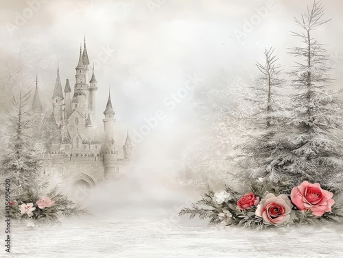 Majestic castle surrounded by misty mountains under a soft snowy sky with snow-dusted evergreens creating a fairytale scene