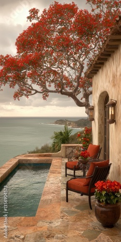 Sunset Poolside Scene Framed by Bougainvillea Blossoms Overlooking Ocean with Inviting Orange Lounge Chairs in Background
