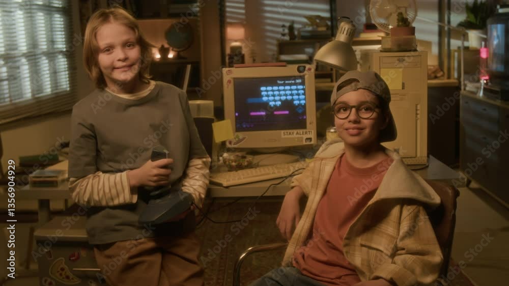 custom made wallpaper toronto digitalZoom out shot of two young boys smiling at camera posing with retro computer in nostalgic 90s setting