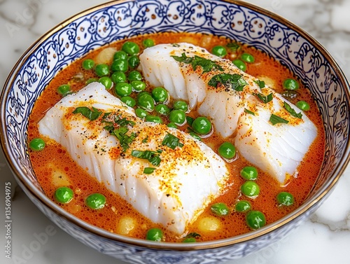 Vibrant Cuban fish soup featu flaky white fish fillets, golden potatoes, green peas, and a rich reddish-orange broth