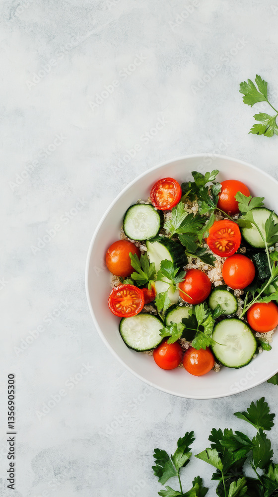 Fresh vegetable salad bowl with cherry tomatoes, cucumbers, and parsley on a light background Fresh vegetable salad bowl with cherry tomatoes, cucumbers, and parsley on a light background