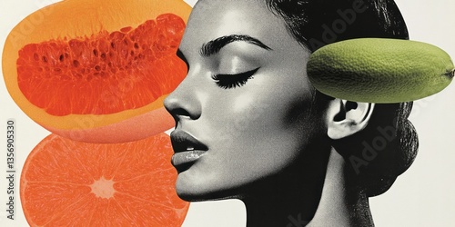 Black and white portrait of a woman with citrus accents