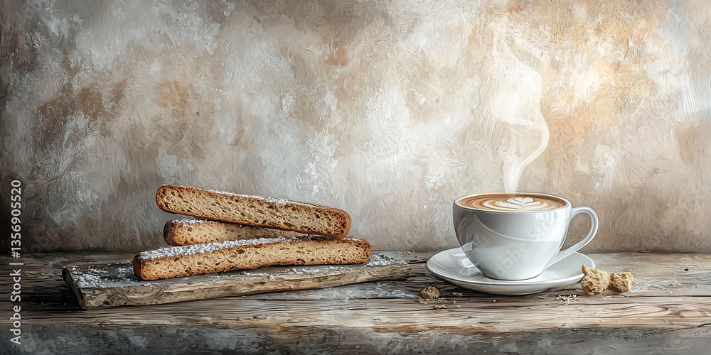 Golden biscotti dusted with sugar led beside a steaming cappuccino on rustic wood against a textured warm background