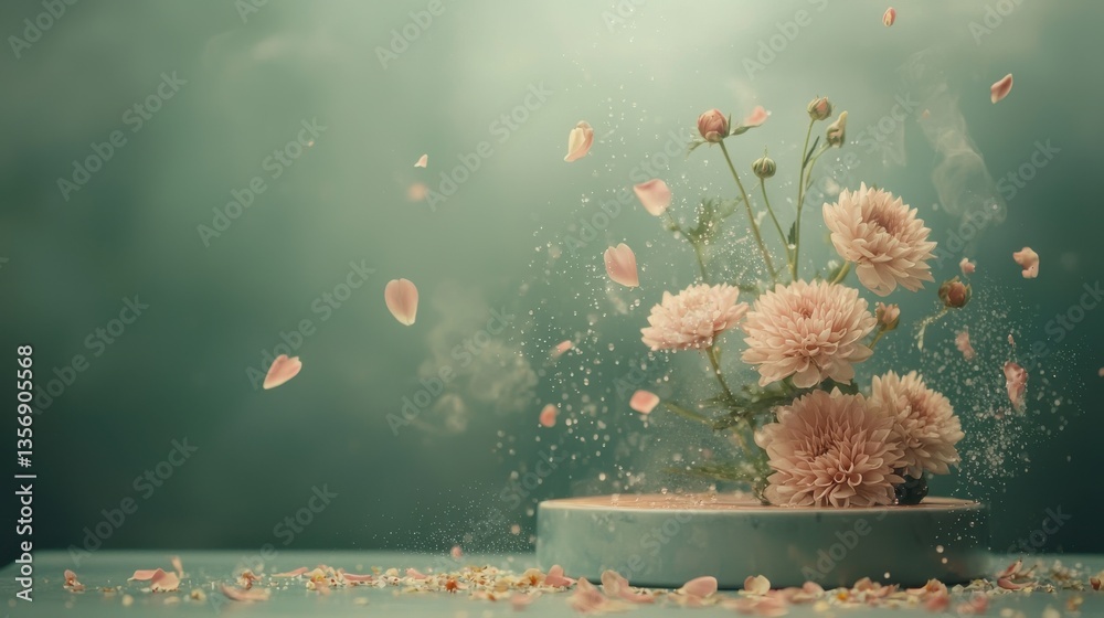Delicate light teal porcelain plate holding vibrant pale pink chrysanthemums and buds with fine petals in elegant arrangement