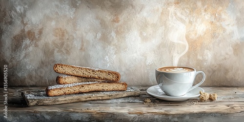 Obraz na płótnie Golden biscotti dusted with sugar led beside a steaming cappuccino on rustic wood against a textured warm background w salonie