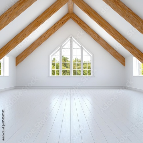 Obraz na płótnie Bright and Spacious Loft Interior of a Barndominium with Sunlit Whitewashed Wood Floors and Exposed Wooden Beams Design w salonie
