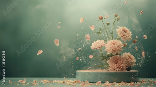 Obraz na płótnie Delicate light teal porcelain plate holding vibrant pale pink chrysanthemums and buds with fine petals in elegant arrangement w salonie
