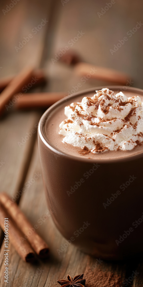 Warm cup of hot chocolate topped with whipped cream and cocoa on a rustic wooden table Warm cup of hot chocolate topped with whipped cream and cocoa on a rustic wooden table
