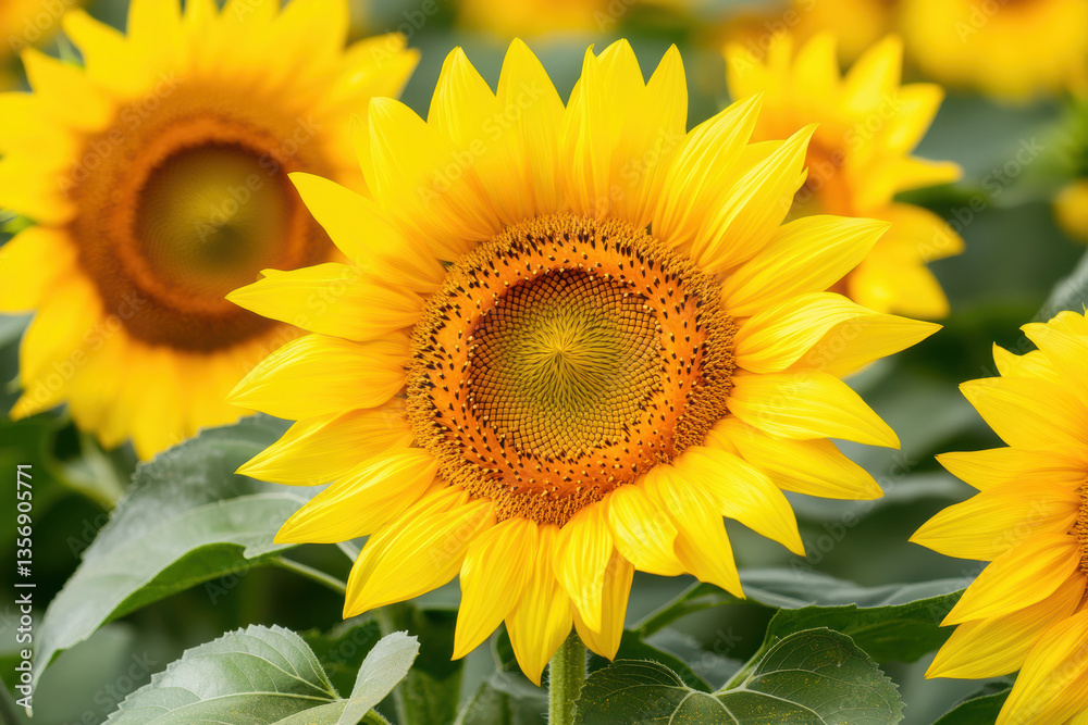 Fototapeta premium Vibrant sunflowers blooming in a lush green garden during summer