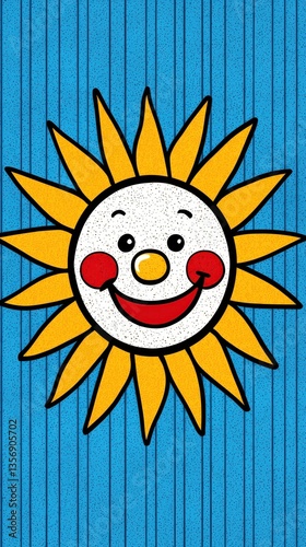 Obraz na płótnie Vibrant Pop Art Sun with Cartoonish Face in Bright Colors Set Against Striped Background Art for Fun and Cheerful Vibes w salonie