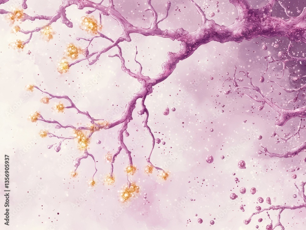 Neon-lit laboratory features bioluminescent purple tree nanobots glowing like fireflies against a dreamy pink background