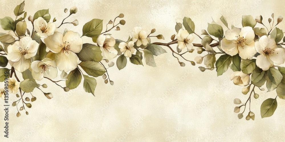 Serene Watercolor Painting of a Delicate Flowe Branch in Soft Sunlight Evoking the Beauty of a Hidden Glade Scene