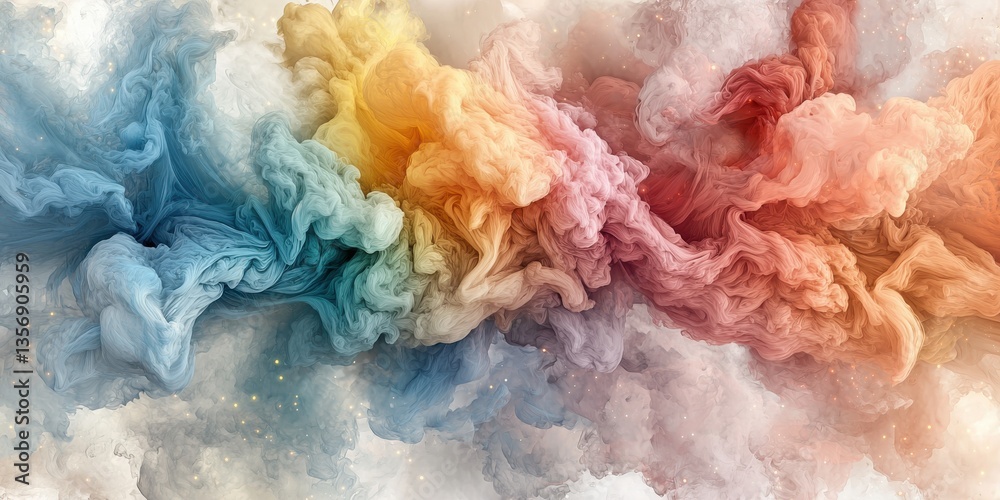 Swirling Particles of Pastel Blue Teal Yellow Orange and Rose Dance in a Luminous Lab Creating an Ethereal Cloud of Color