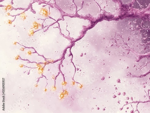 Neon-lit laboratory features bioluminescent purple tree nanobots glowing like fireflies against a dreamy pink background