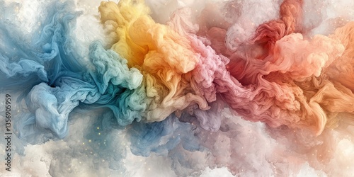 Obraz na płótnie Swirling Particles of Pastel Blue Teal Yellow Orange and Rose Dance in a Luminous Lab Creating an Ethereal Cloud of Color w salonie