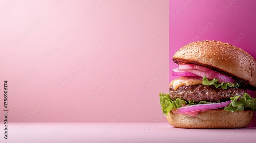 A minimalist design featuring a hamburger on a soft pink surface, focusing on the basic ingredients layered carefully showcasing its simplicity and beauty.