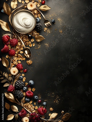 Obraz na płótnie Artful Layers of Golden Granola, Creamy Yogurt, and Juicy Berries with Gold Leaf Accents on Dark Background Displayed Beautifully w salonie