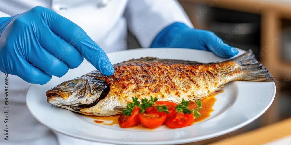 Chef presenting perfectly grilled whole fish garnished with cherry tomatoes and parsley under warm golden lights on plate