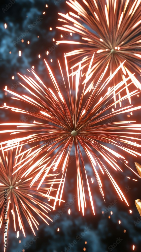 Golden fireworks burst like fiery stars under a velvet night sky with smoke creating a dazzling display of light and color