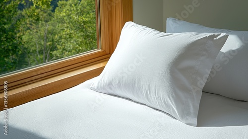 Obraz na płótnie Sunlight Shines Through Grand Window on Crisp White Bedding and Pillows with Serene View of Lush Green Trees Beyond w salonie