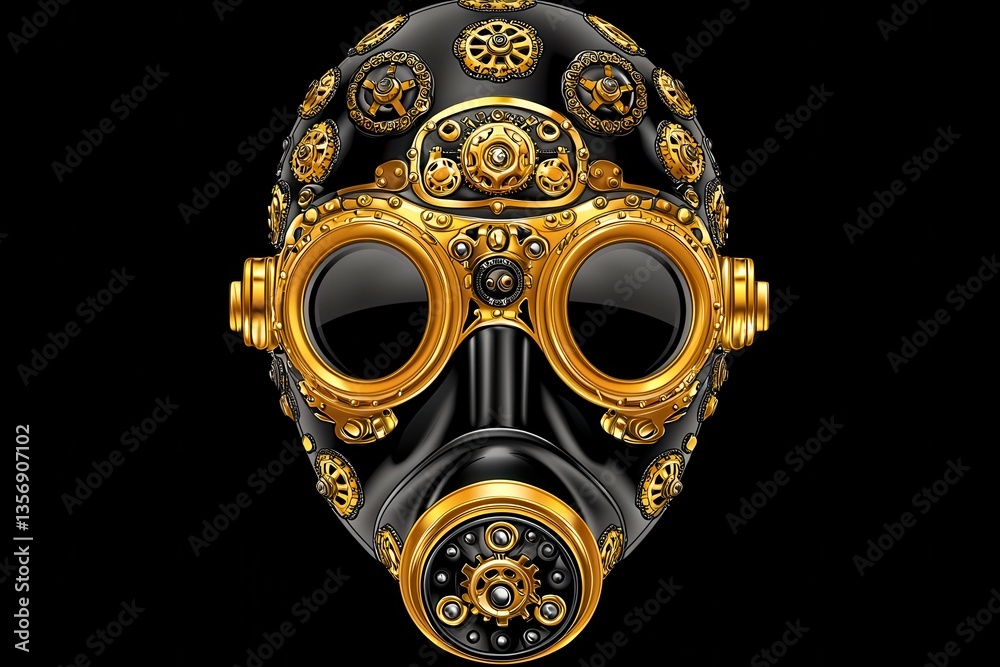Vintage diving helmet with steampunk modifications featu a black base intricately adorned with gold detailing and gears
