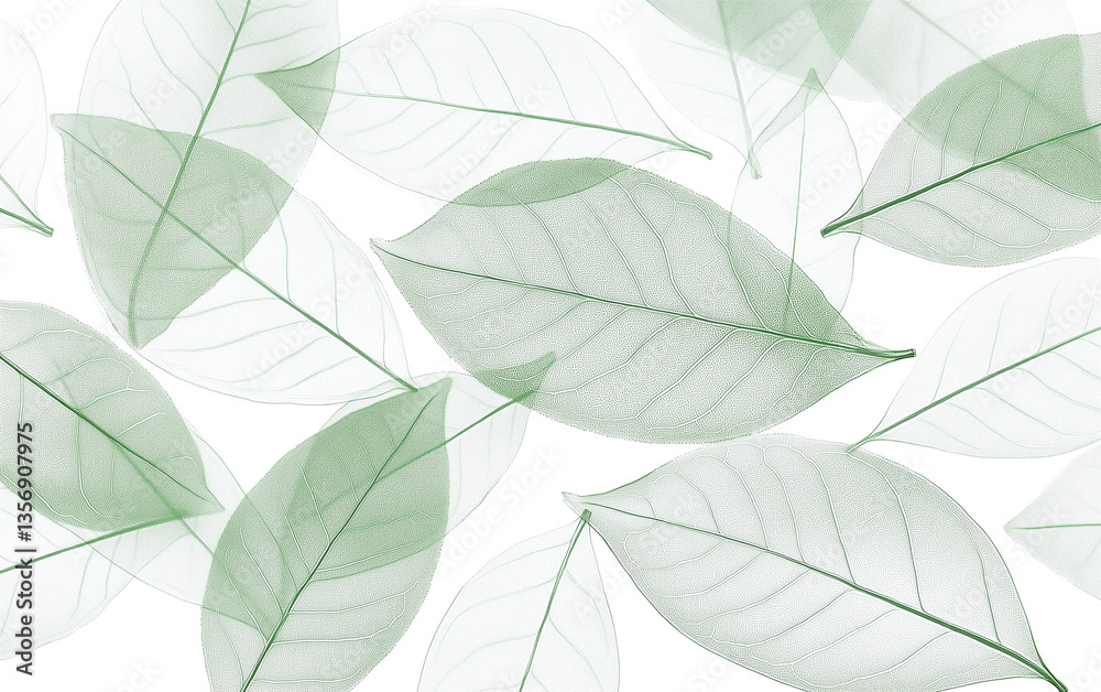 Obraz premium Delicate Green Leaf Veins on White Background, Botanical Texture, Transparent Leaves