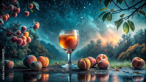 glass of peach drink surrounded by fresh peaches and starry night sky creates serene and vibrant atmosphere. scene captures essence of summer and nature bounty