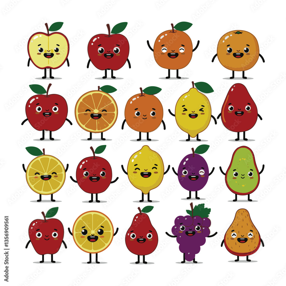 Fototapeta premium Kawaii Fruit Animated Drawing Adorable Happy Faces Art