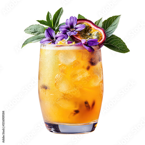 Refreshing cocktail with ice, flowers, and passion fruit