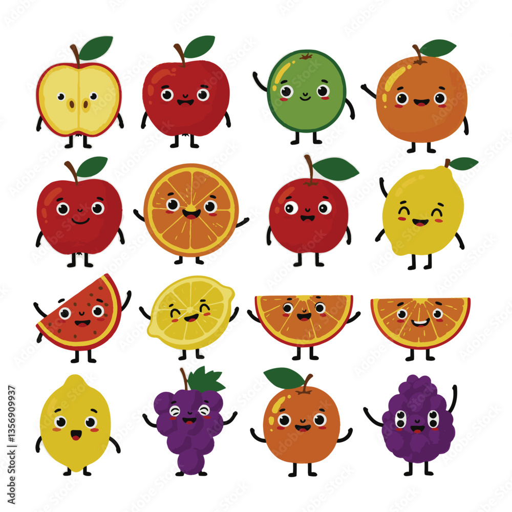 Fototapeta premium Cartoon Fruit Animated Drawing Set with Cute Faces Art