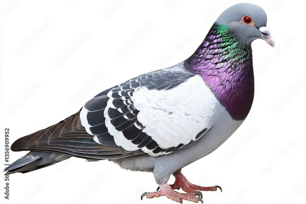 A full-body grey pigeon captured against a clean white background. A full-body grey pigeon captured against a clean white background.