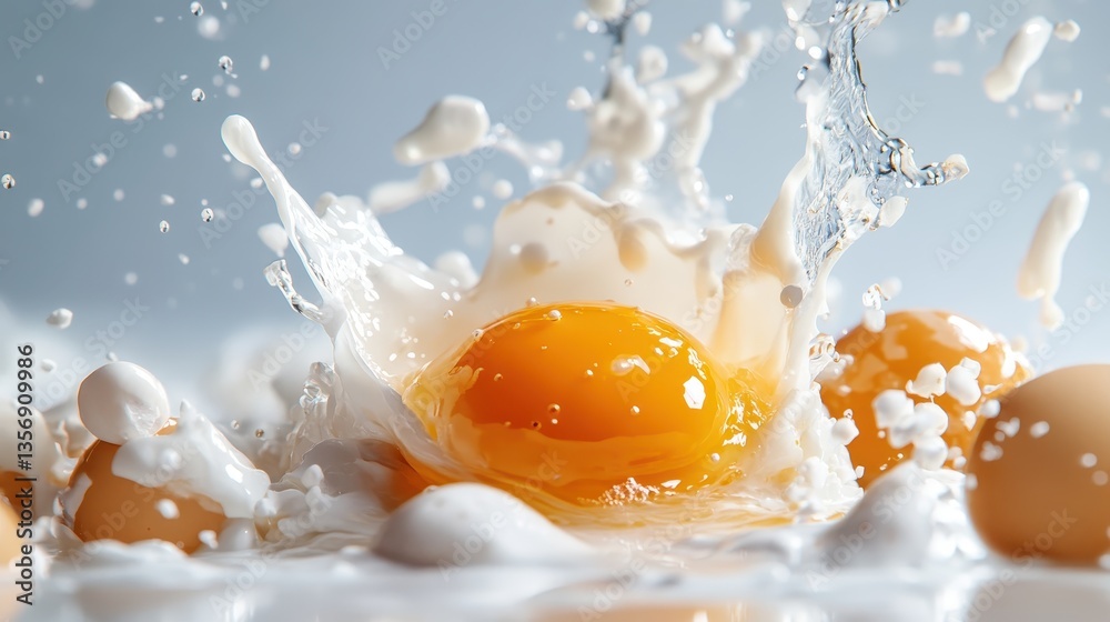 An energetic depiction of an egg splashing into milk, illustrating high culinary action and creativity, capturing the beauty of fresh ingredients in delicious preparation. An energetic depiction of an egg splashing into milk, illustrating high culinary action and creativity, capturing the beauty of fresh ingredients in delicious preparation.