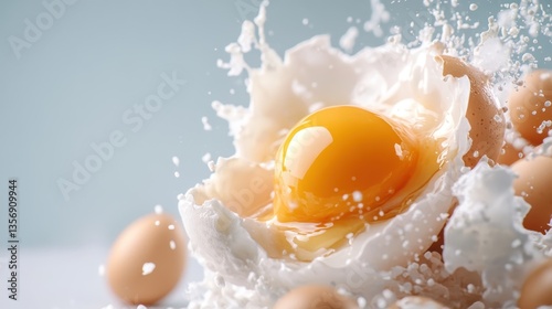 An artistic capture of an egg splashing, symbolizing freshness and culinary creativity, illustrating the beauty and dynamic nature of cooking in a visually appealing manner.