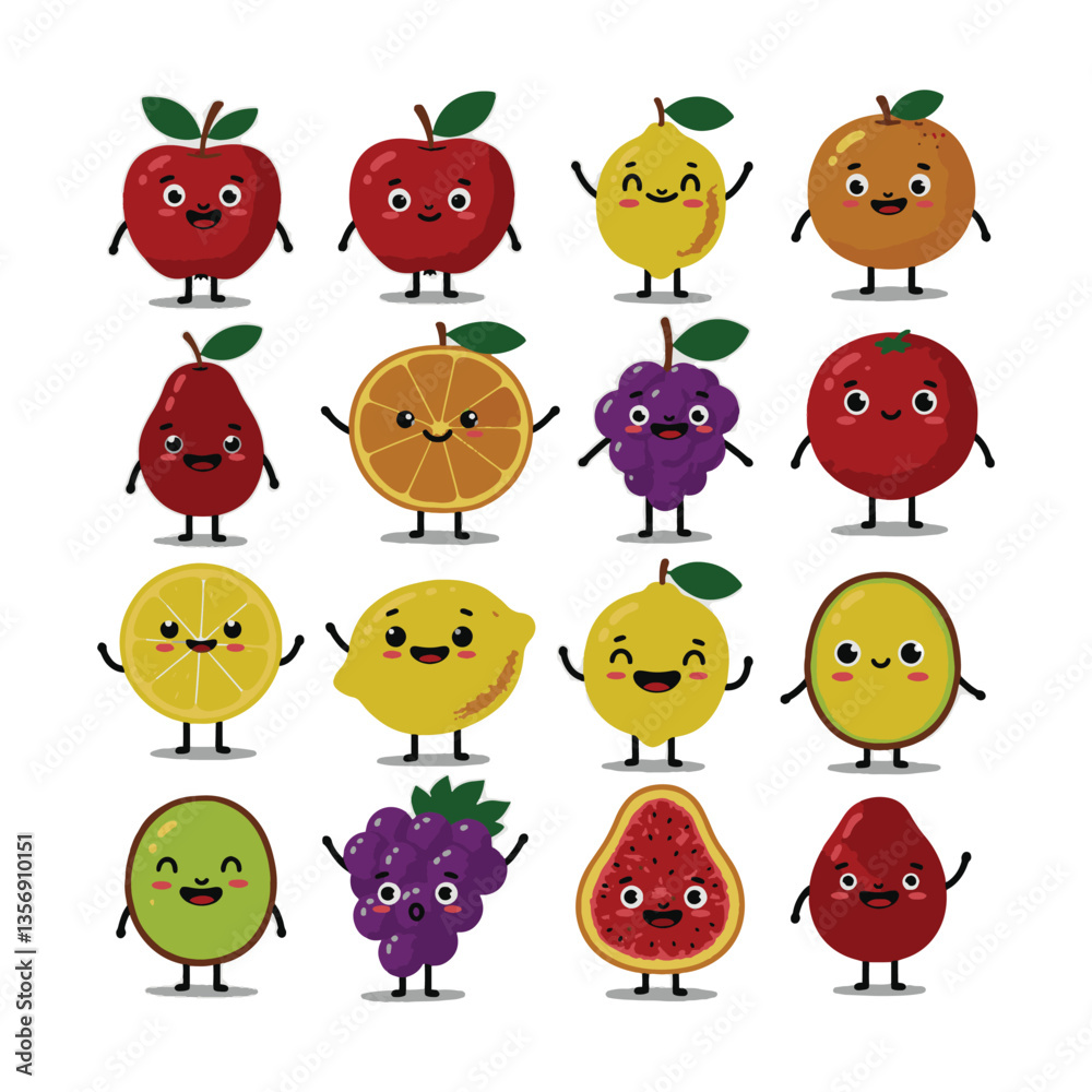 Fototapeta premium Cartoon Fruit Animated Drawing Set with Cute Faces Art