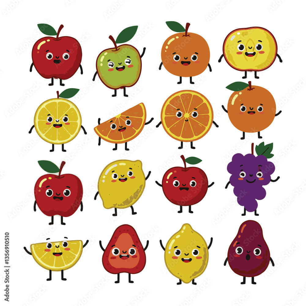 Fototapeta premium Adorable Cute Animated Drawing Fruit Faces Illustration