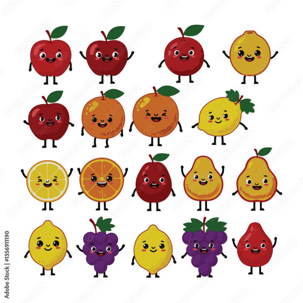 Fototapeta premium Adorable Cute Animated Drawing Fruit Faces Illustration