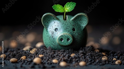 A sleek green piggy bank with a growing plant, surrounded by small pebbles and soil, set against a minimalist background to emphasize eco-conscious investment. 