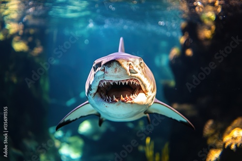 Captivating underwater portrait of a menacing shark with sharp teeth swimming in a vibrant ocean environment