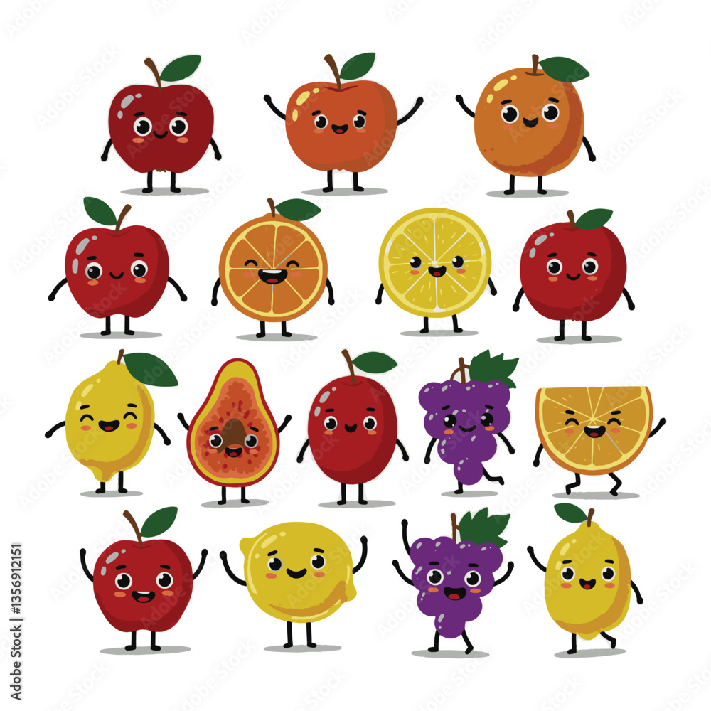 Fototapeta premium Whimsical Fruit Animated Drawing Collection Cute Faces