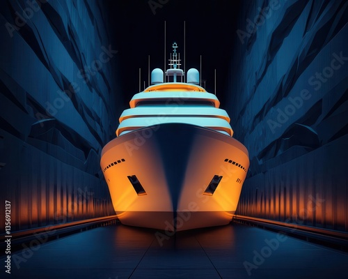 Yacht in a neonlit dry dock, undergoing a full systems check with engineers using AIpowered diagnostic tools photo