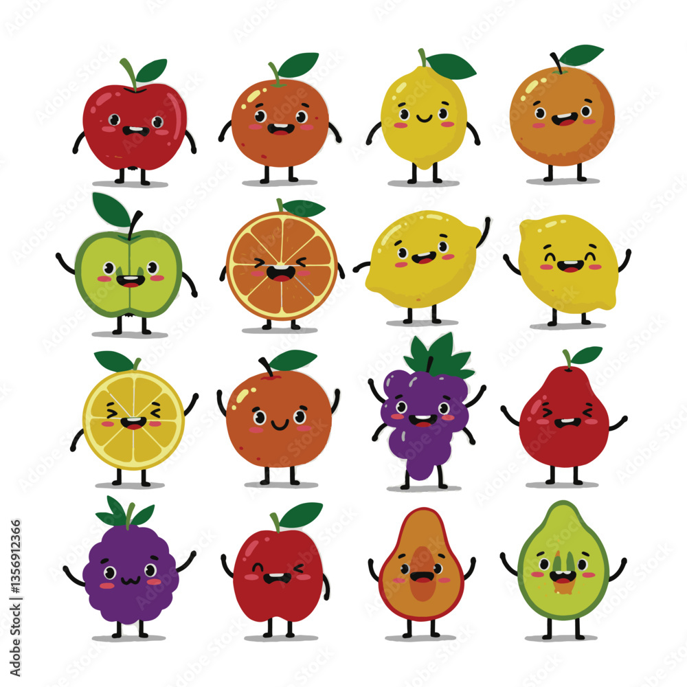 Fototapeta premium Whimsical Fruit Animated Drawing Collection Cute Faces