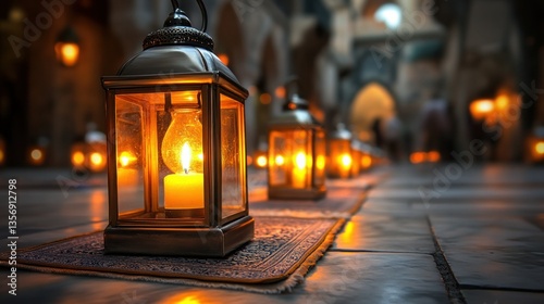 Lit lanterns, ancient church, candlelight glow, prayerful atmosphere