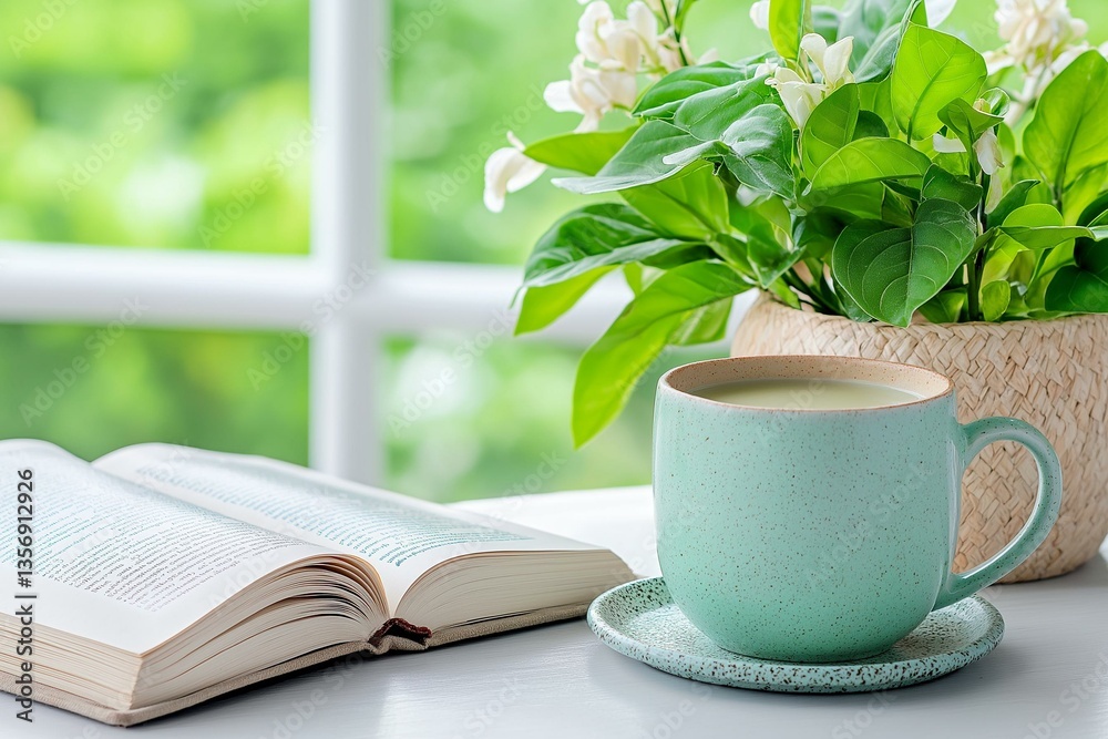 A tranquil setting with a book, coffee, and lush plants for relaxation and inspiration. A tranquil setting with a book, coffee, and lush plants for relaxation and inspiration.