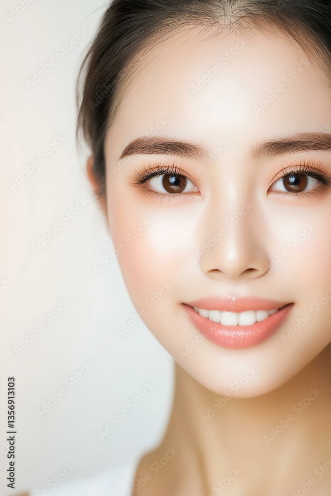 Obraz premium Close-up portrait of a smiling woman with natural makeup and glowing skin.