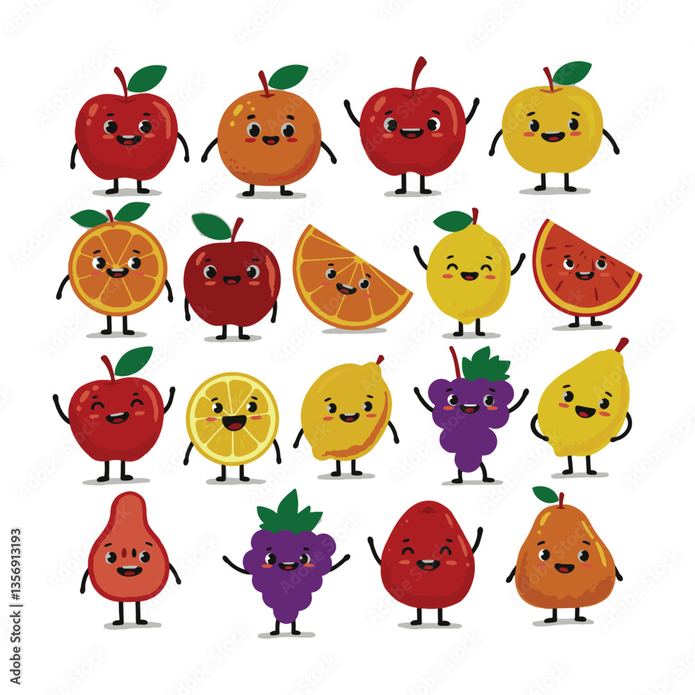 Naklejka premium Cute Animated Drawing Fruit Faces Collection Smiling Art