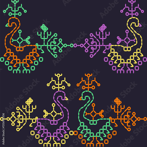 Wallpaper Mural India stitch Kasuti embroidery fabric pattern needle work seamless geometric abstract culture decorative hand drawn tribal asian template printed colorful line artwork black background quilt wallpaper Torontodigital.ca