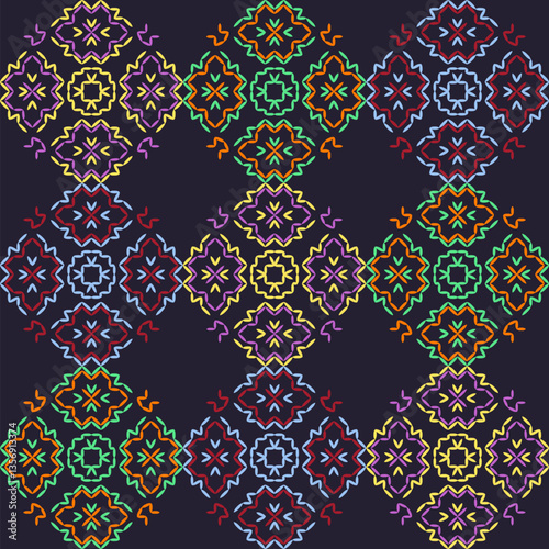 India stitch Kasuti embroidery fabric pattern needle work seamless geometric abstract culture decorative hand drawn tribal asian template printed colorful line artwork black background quilt wallpaper