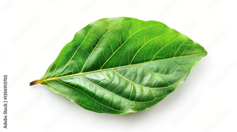 Obraz premium A fresh bay leaf, isolated on a transparent white background, with smooth, glossy green surface and central vein 