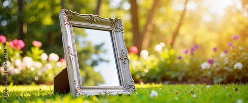 Elegant mirror reflecting nature in a vibrant garden setting   photo